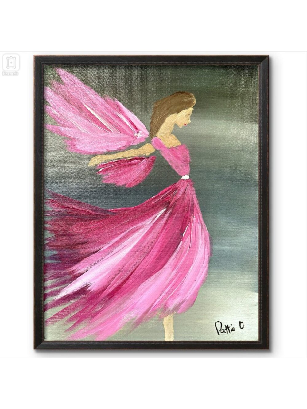 Pink Angel Folk Art Painting Canvas Signed 14x11 Home Bedroom Decor